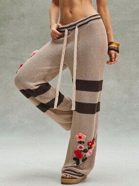 Brown Boho Women's Contrast Striped Crochet Sweater Pants